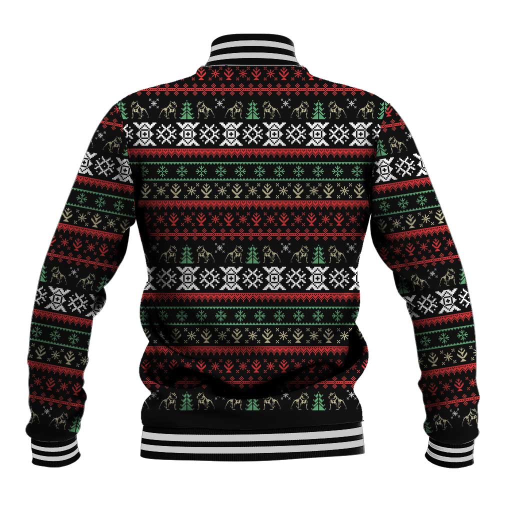 Black baseball jacket back with festive fair isle stripes and small holiday motifs