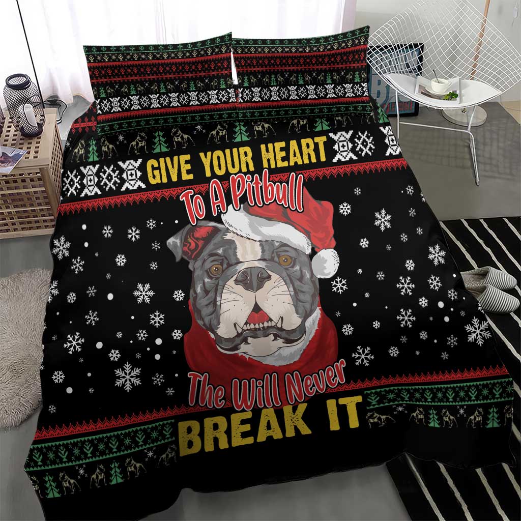 Black pitbull dog bedding set with full bed coverage, snowflake pattern and red santa hat