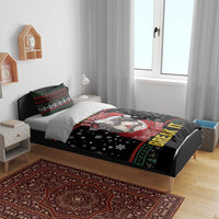 Black pitbull dog bedding set on wooden bed, snowflake print with colorful border