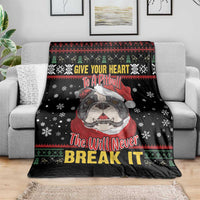 Black pitbull dog blanket draped over sofa with “Will Never Break It” lettering
