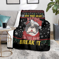 Black pitbull dog throw blanket with holiday pattern and “Give Your Heart” text