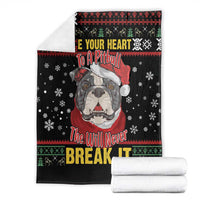 Folded black pitbull dog blanket set with “Will Never Break It” design and white towels