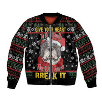 Black unisex bomber jacket with front pitbull graphic and festive holiday text, ribbed cuffs