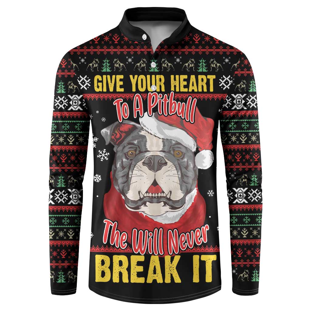 Black holiday button sweatshirt with pitbull front graphic, red/green patterned bands