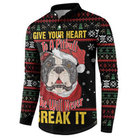 Black holiday button sweatshirt, pitbull graphic with Santa hat, patterned sleeves