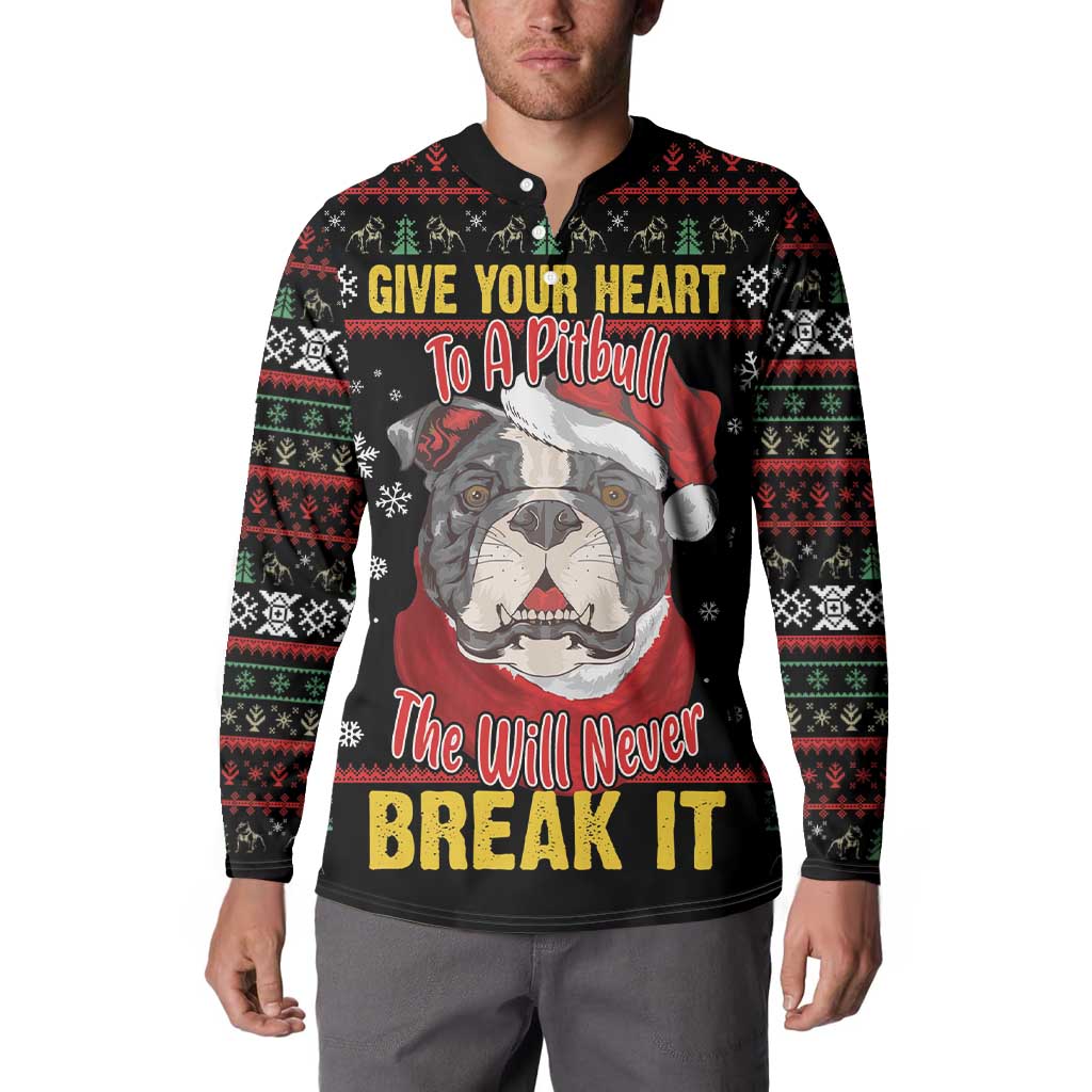 Black pitbull holiday button sweatshirt with long sleeves, red text and patterned yoke