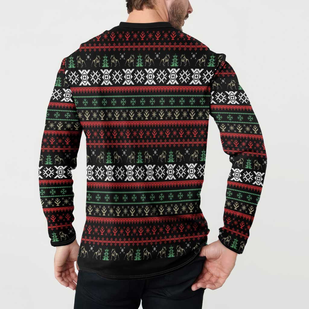 Black holiday button sweatshirt back view with red, green, white fair-isle stripes