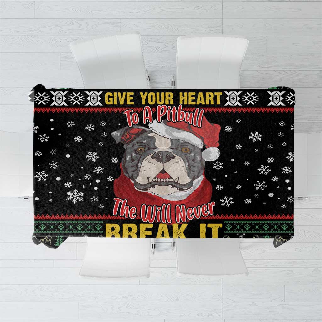 Black dog-themed tablecloth with pitbull graphic, snowflake border and festive text