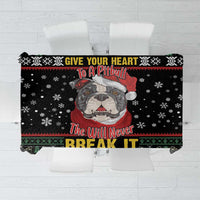 Black dog-themed tablecloth with pitbull graphic, snowflake border and festive text