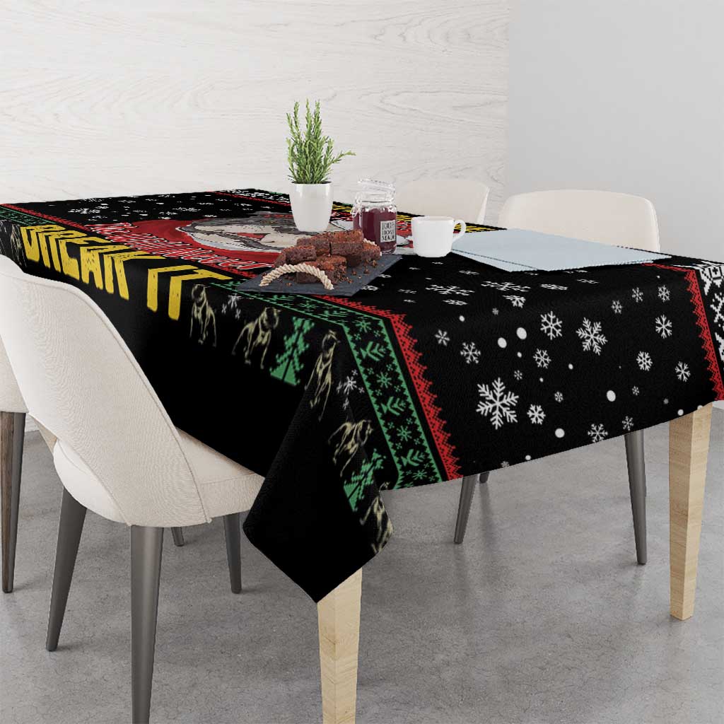 Black tablecloth edge drape with pitbull artwork and snowflake motifs in red, green, yellow