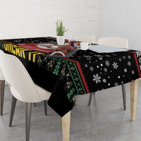 Black tablecloth edge drape with pitbull artwork and snowflake motifs in red, green, yellow