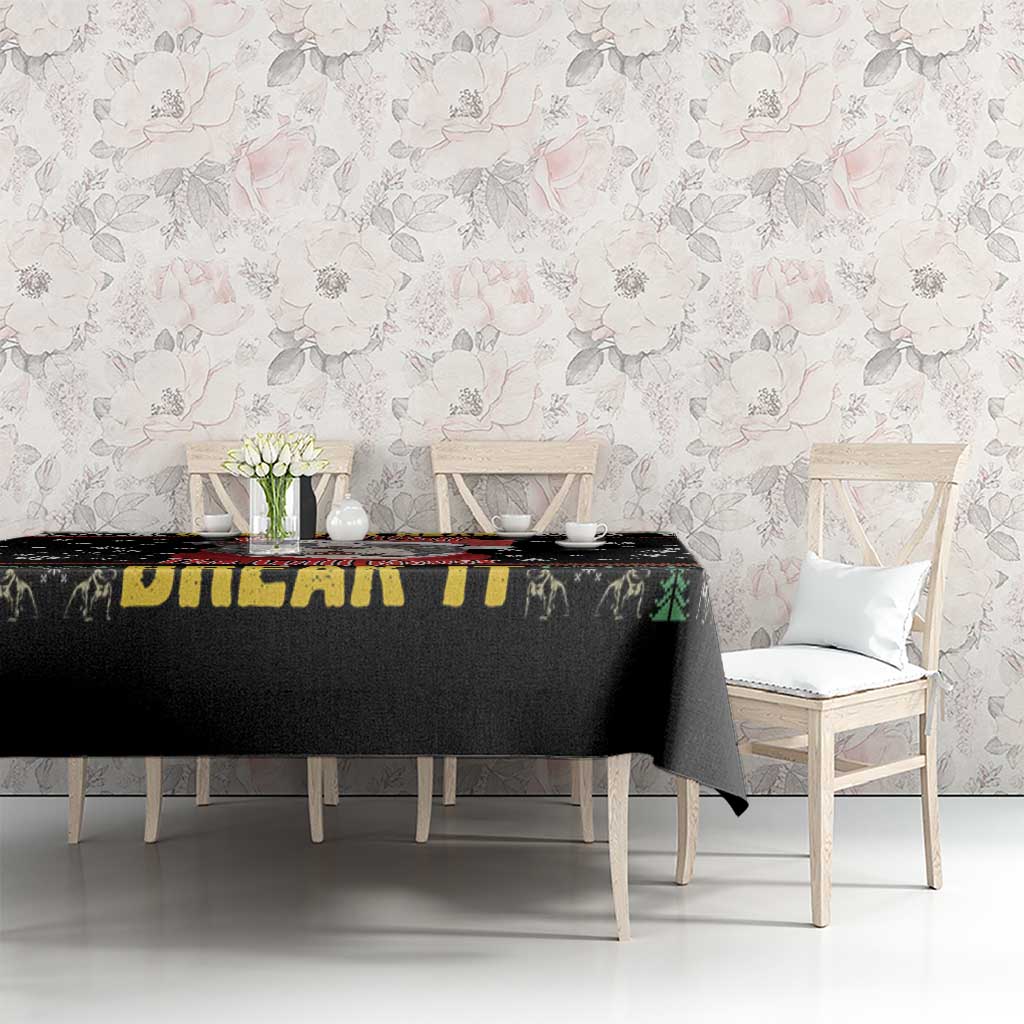 Black tablecloth with pitbull graphic, snowflake design and green-red decorative trim