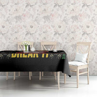 Black tablecloth with pitbull graphic, snowflake design and green-red decorative trim