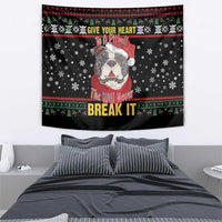 Black pitbull dog wall tapestry with Santa hat, snowflake pattern, and 'The Will Never Break It'