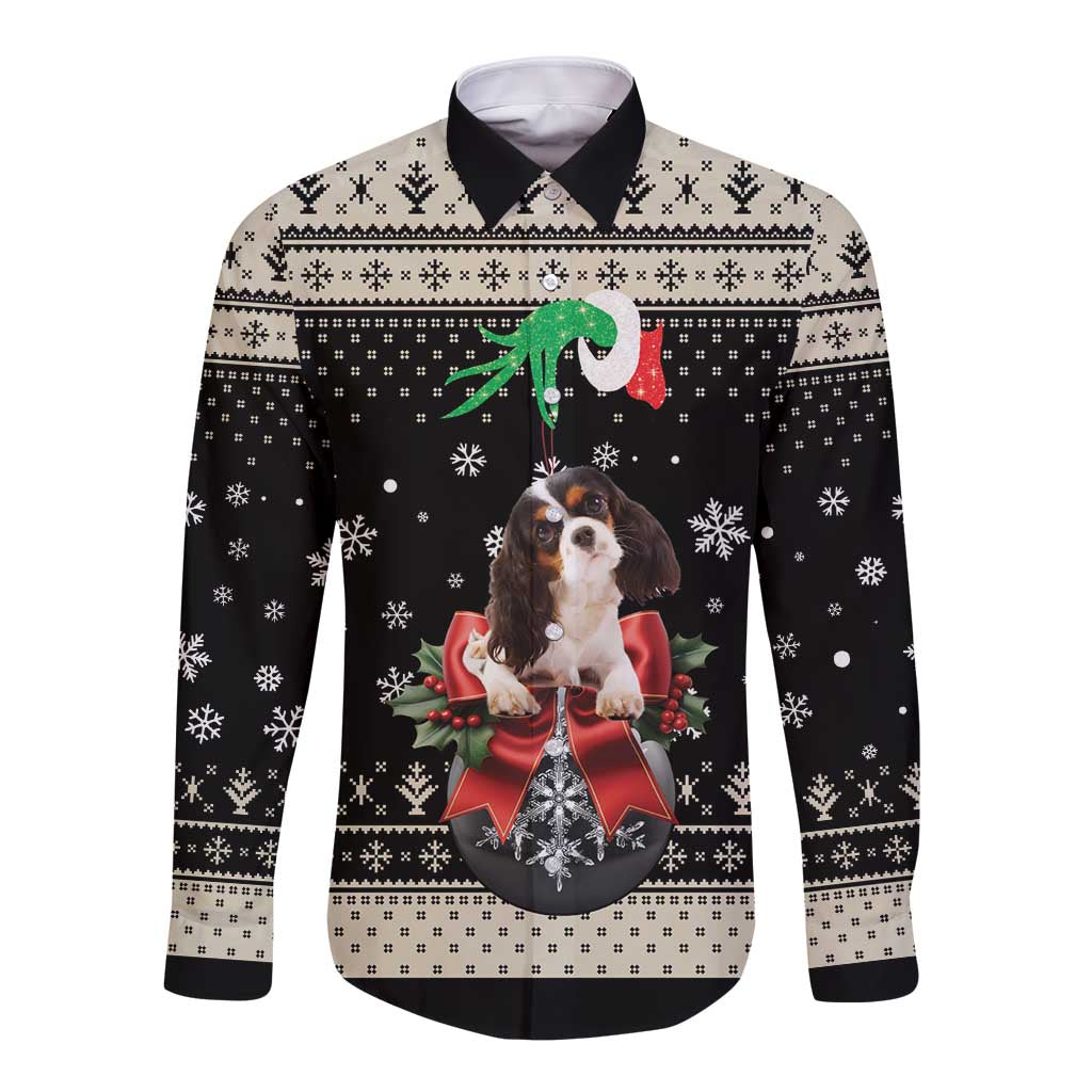 Black long sleeve button shirt with Cavalier dog Christmas graphic and festive sweater pattern