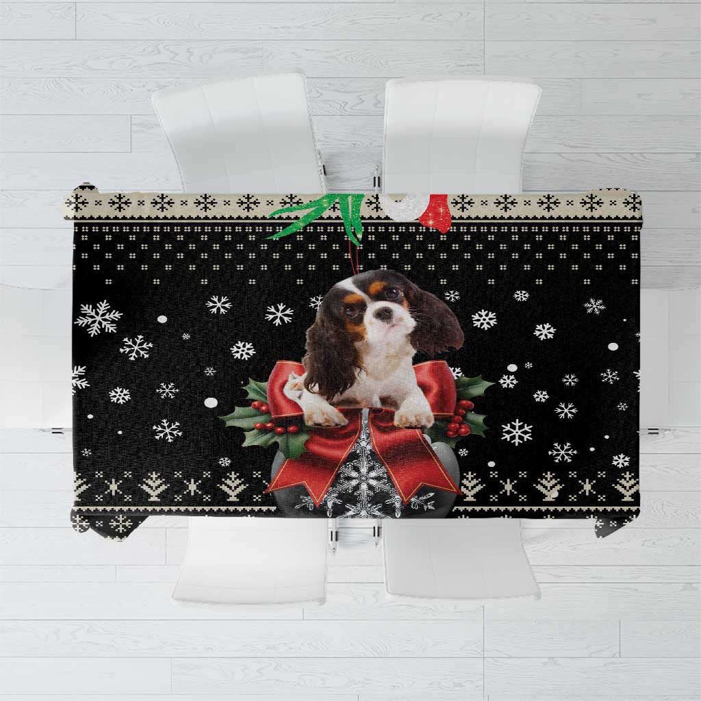 Black Christmas dog lovers tablecloth with Cavalier spaniel and holiday bow center panel