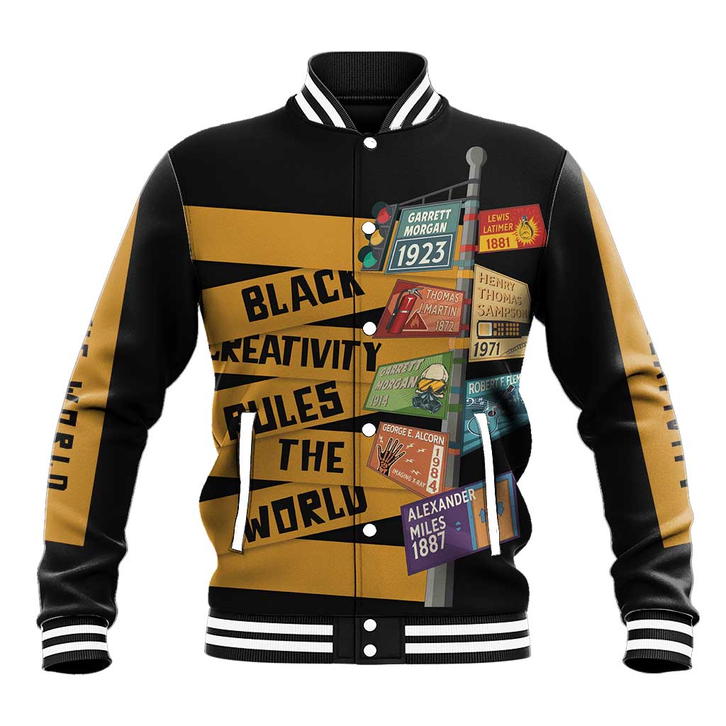 Black unisex baseball jacket with gold graphic print, button front, striped cuffs
