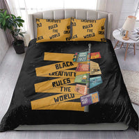 Black and gold bedding set with slogan text and colorful portrait graphic patch