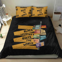 Black and gold bedding set with bold typography and side portrait timeline graphic
