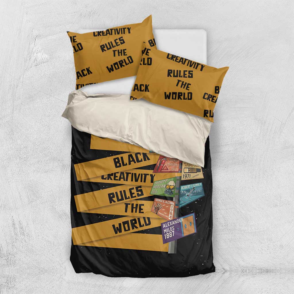 Black bedding set with matching pillow covers; gold typography stripes and portrait blocks