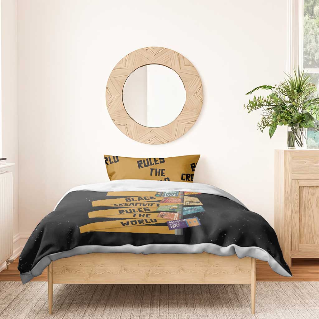 Black duvet with gold typography stripes and colorful portrait card graphic print