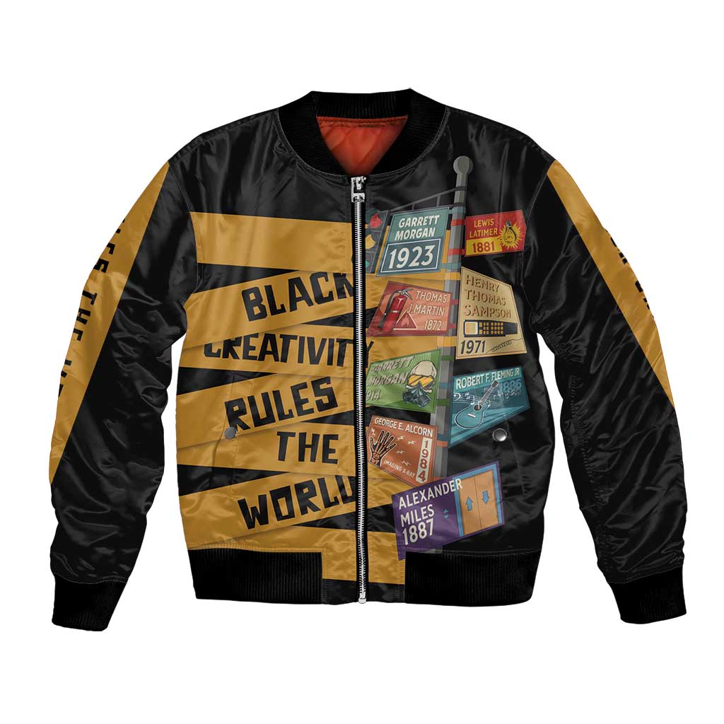 Black bomber jacket, full-zip front, gold graphic text and side stripe panels