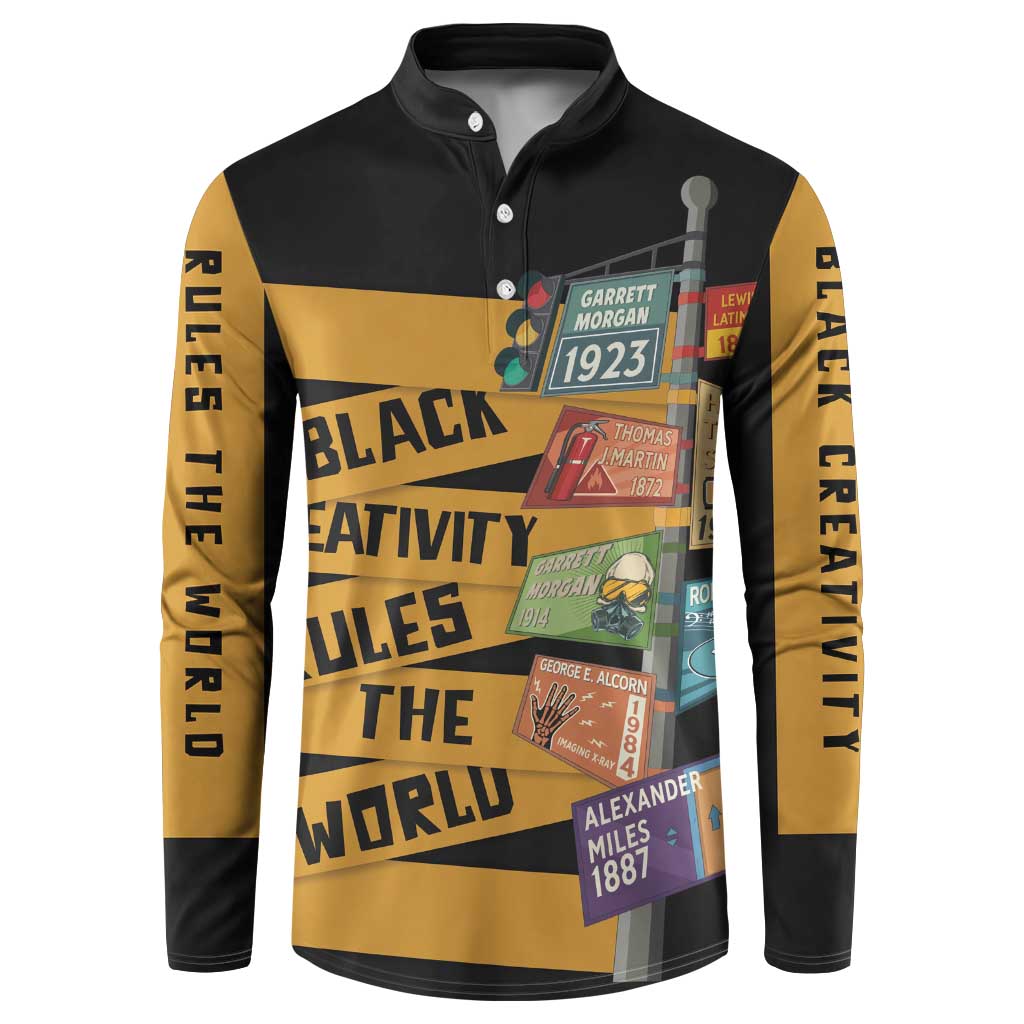 Black long-sleeve henley sweatshirt with button placket, bold gold graphic print