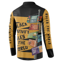 Black long-sleeve henley sweatshirt with back graphic collage and vertical sleeve text
