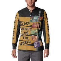 Black long-sleeve henley sweatshirt with gold-and-black collage graphic on front