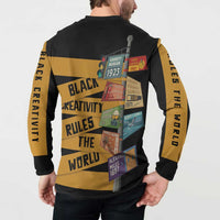 Black long-sleeve henley sweatshirt with back collage graphic and sleeve vertical text