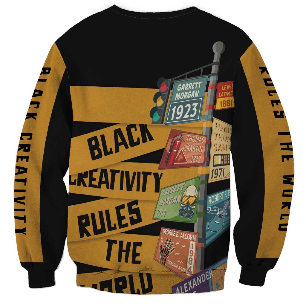 Unisex black sweatshirt with gold side stripes and colorful history collage back