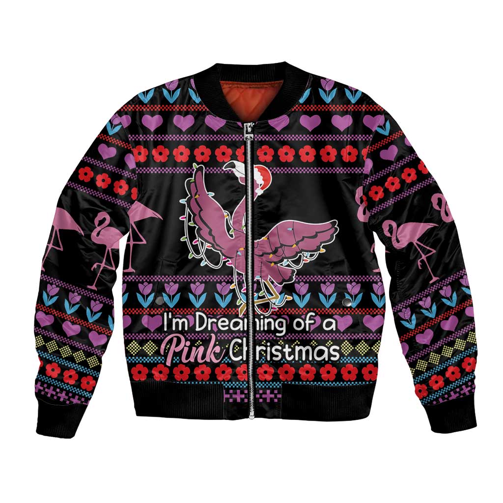 Black bomber jacket with pink flamingo holiday print, front zipper and ribbed cuffs