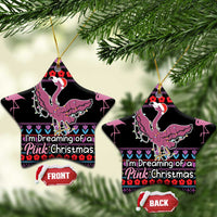 Black ceramic star ornament with pink flamingo and “I'm Dreaming of a Pink Christmas”