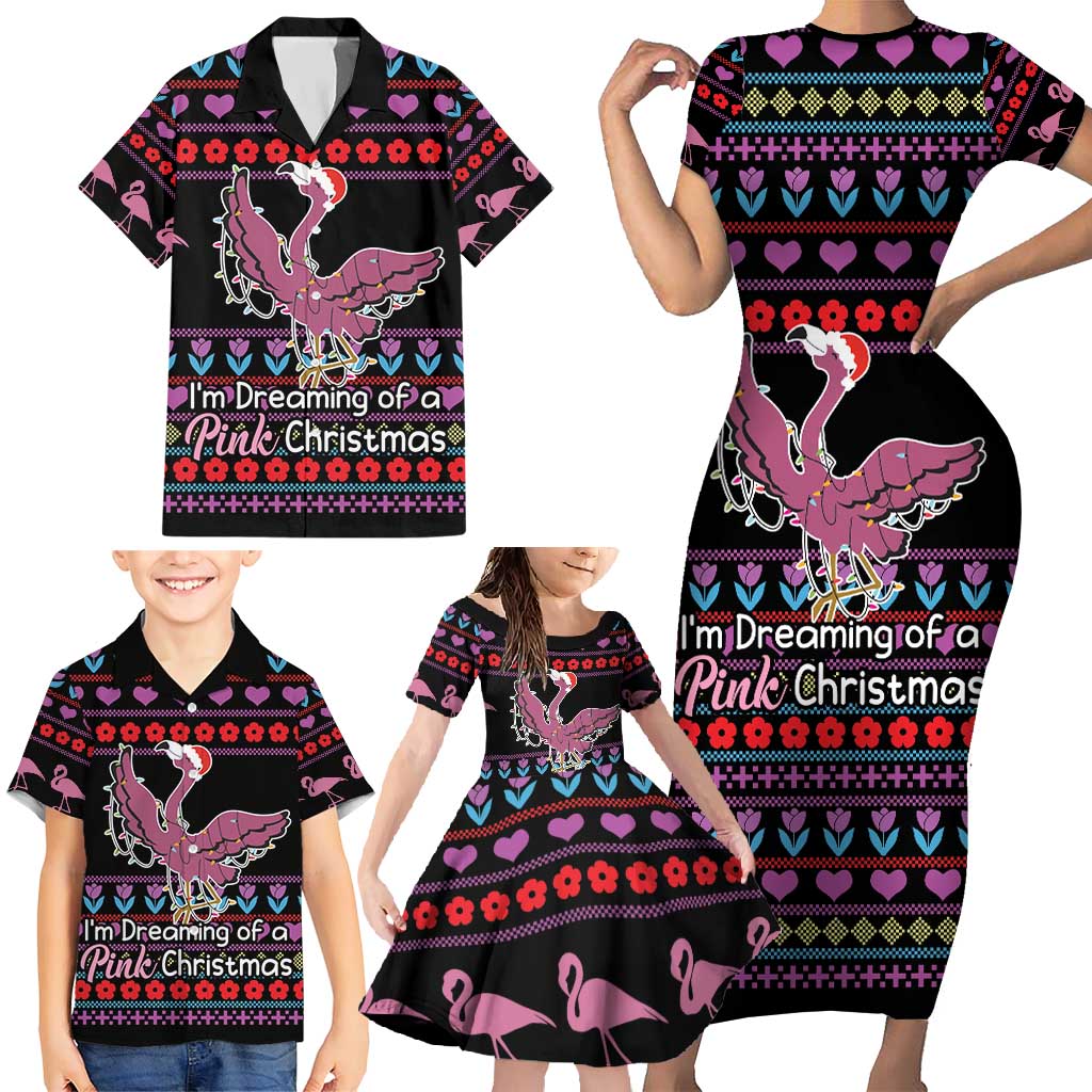 Flamingo Im Dreaming Of A Pink Christmas Family Matching Short Sleeve Bodycon Dress and Hawaiian Shirt - Wonder Print Shop