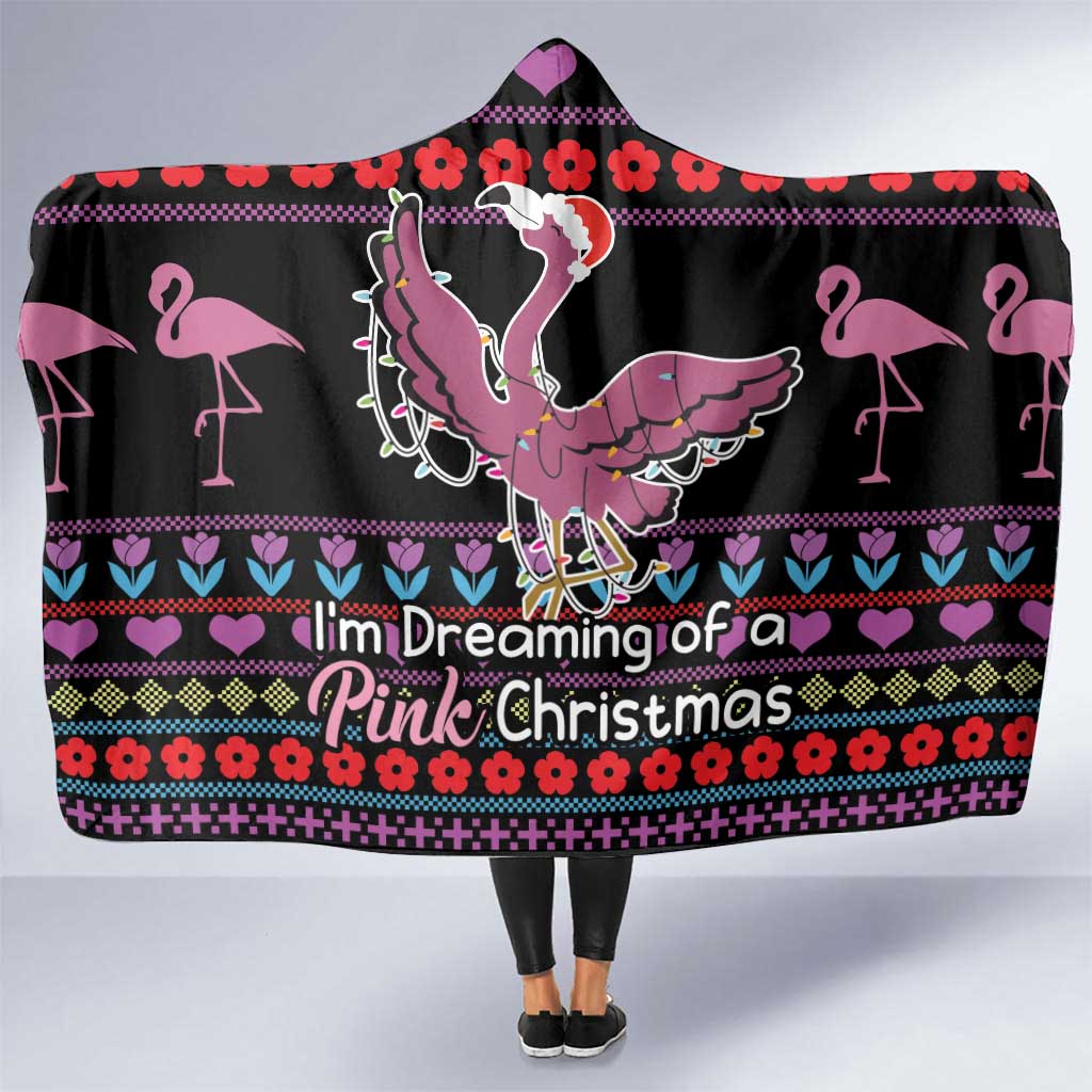 Flamingo Im Dreaming Of A Pink Christmas Hooded Blanket