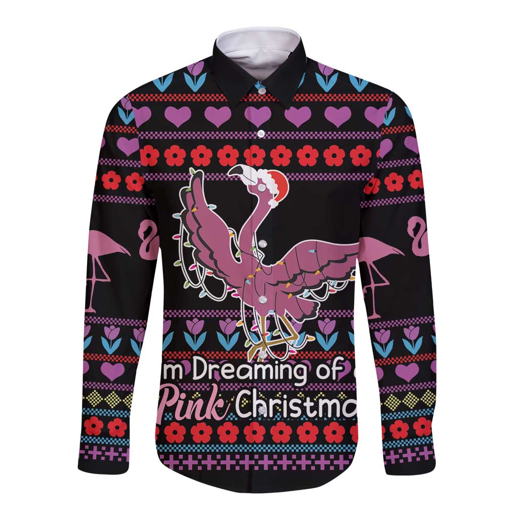 Black long-sleeve button shirt with pink flamingo and holiday pattern front