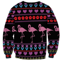 Black unisex sweatshirt with pink flamingo trio and colorful holiday knit pattern