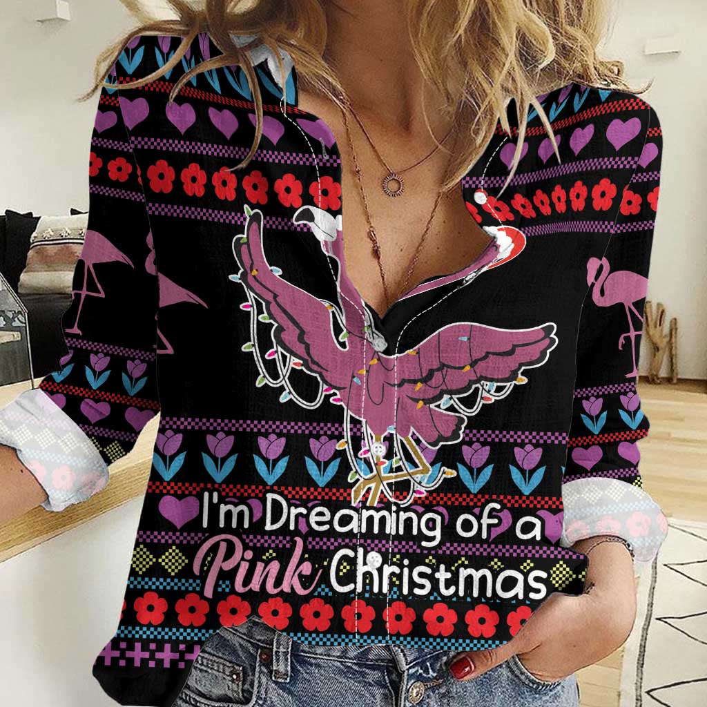 Flamingo Im Dreaming Of A Pink Christmas Women Casual Shirt