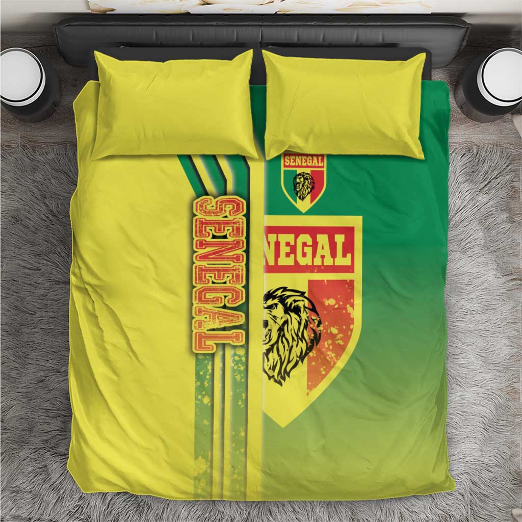Senegal themed bedding set with green-and-yellow duvet and lion crest, plus two pillows