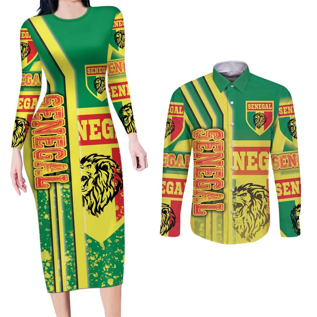 Senegal Football Couples Matching Long Sleeve Bodycon Dress and Long Sleeve Button Shirt Lions of Teranga Soccer - Road To Champion - Wonder Print Shop