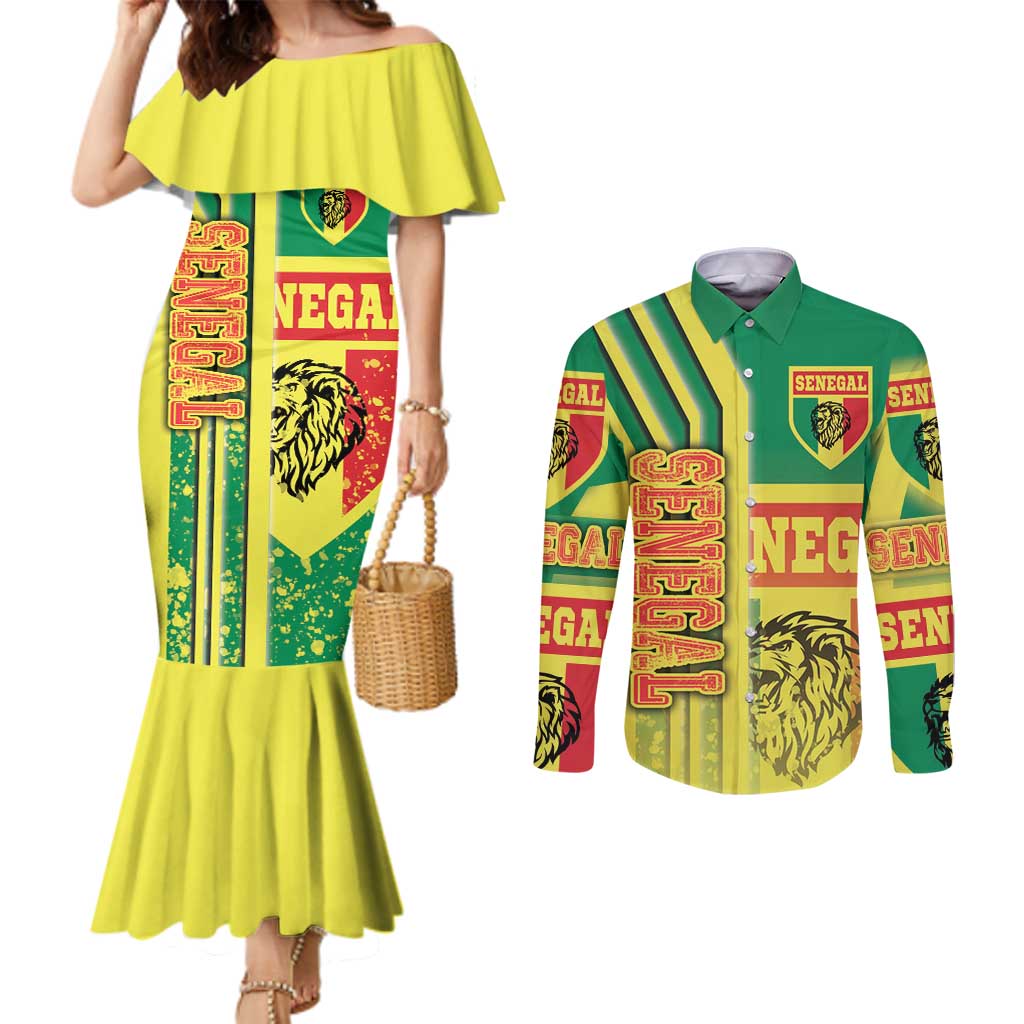 Senegal Football Couples Matching Mermaid Dress and Long Sleeve Button Shirt Lions of Teranga Soccer - Road To Champion