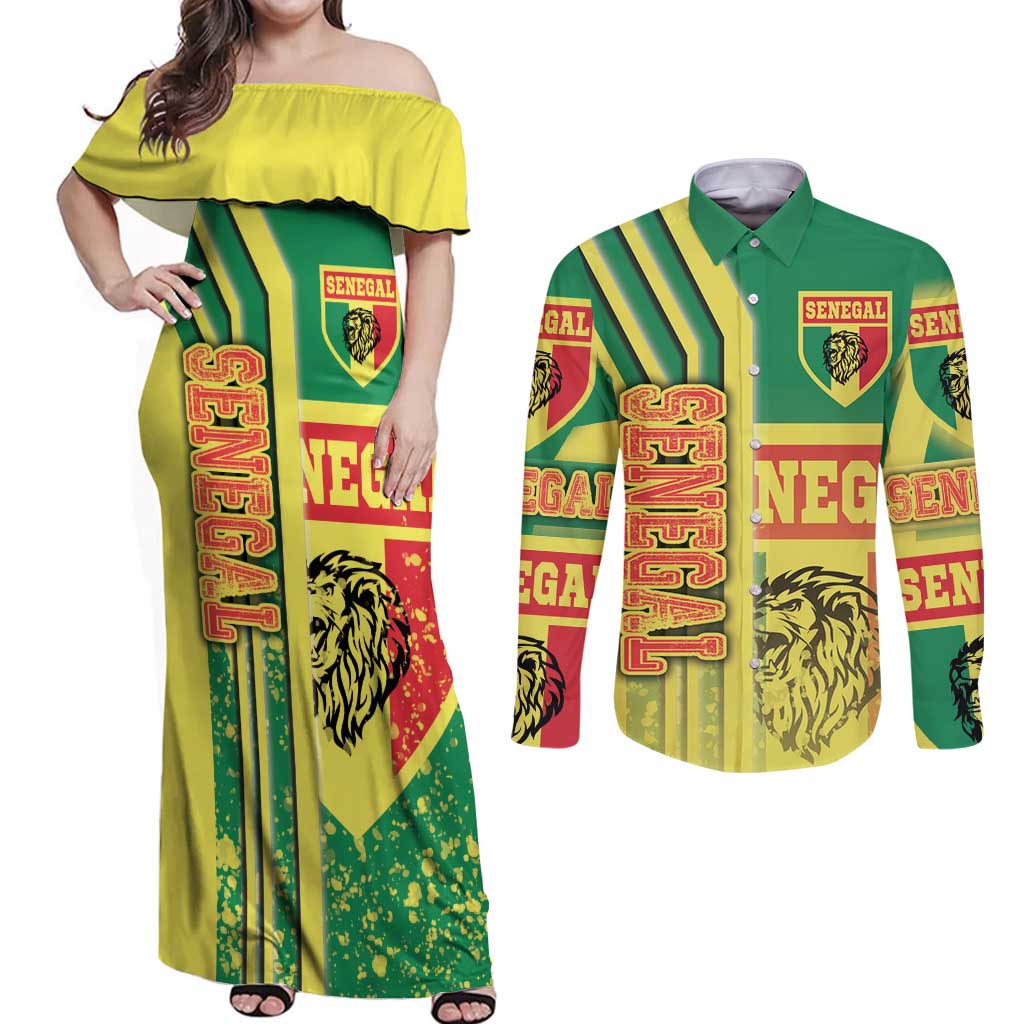 Senegal Football Couples Matching Off Shoulder Maxi Dress and Long Sleeve Button Shirt Lions of Teranga Soccer - Road To Champion - Wonder Print Shop