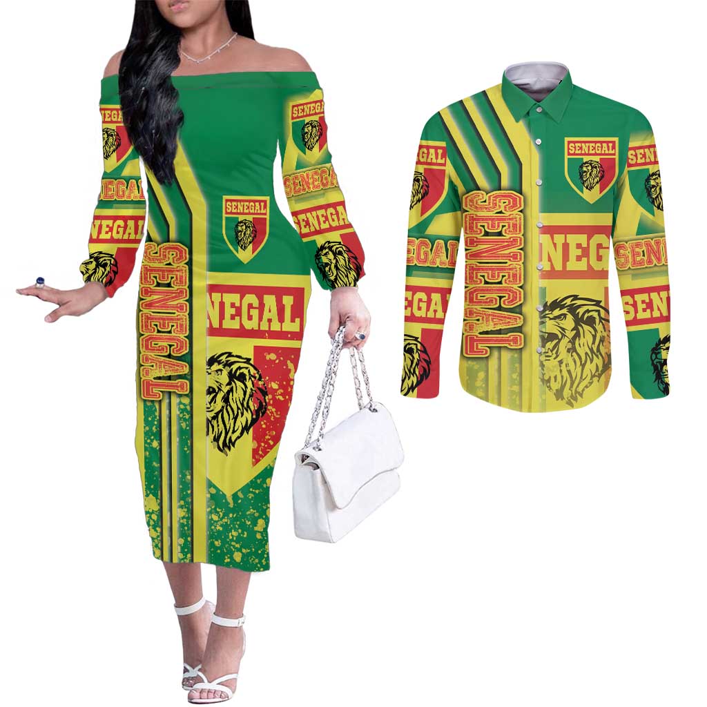 Senegal Football Couples Matching Off The Shoulder Long Sleeve Dress and Long Sleeve Button Shirt Lions of Teranga Soccer - Road To Champion