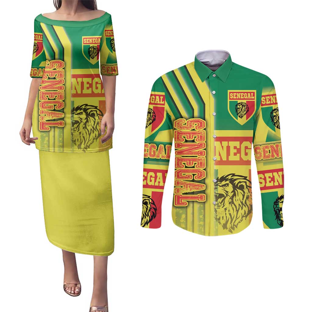 Senegal Football Couples Matching Puletasi and Long Sleeve Button Shirt Lions of Teranga Soccer - Road To Champion - Wonder Print Shop