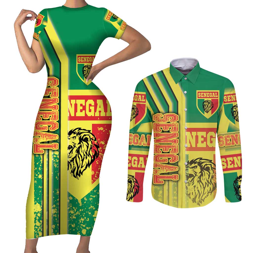 Senegal Football Couples Matching Short Sleeve Bodycon Dress and Long Sleeve Button Shirt Lions of Teranga Soccer - Road To Champion - Wonder Print Shop