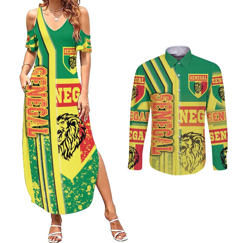 Senegal Football Couples Matching Summer Maxi Dress and Long Sleeve Button Shirt Lions of Teranga Soccer - Road To Champion - Wonder Print Shop