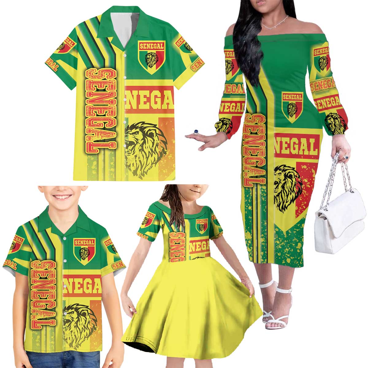 Senegal Football Family Matching Off The Shoulder Long Sleeve Dress and Hawaiian Shirt Lions of Teranga Soccer - Road To Champion - Wonder Print Shop