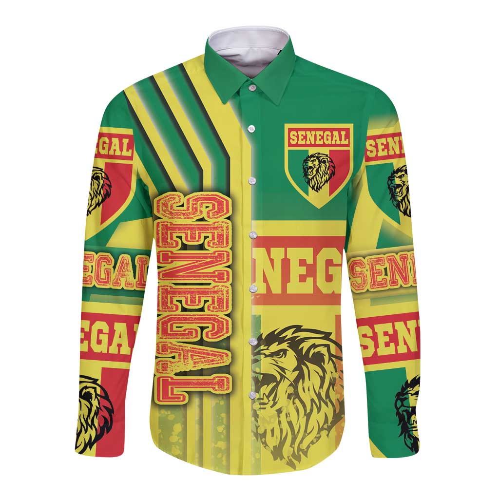 Green long-sleeve button football shirt with Senegal crest and striped lion graphics