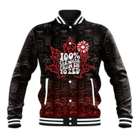 Black baseball jacket with red graphic front, snap buttons, striped varsity collar.