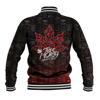 Black baseball jacket back with large red and white logo, striped cuffs and hem.